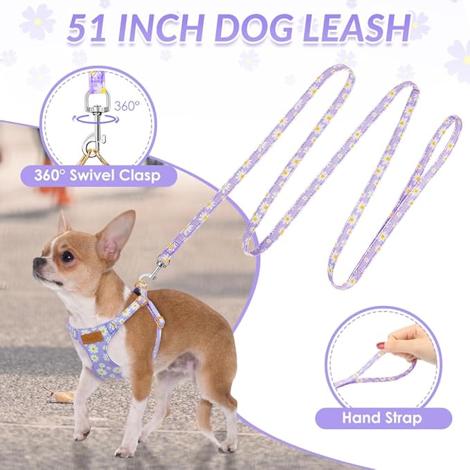 SlowTon Dog Harness Small Sized Dog - Soft XXS Dog Harness and Leash Set No Pull No Chock, Adjustable Lightweight Puppy Harness for XS Small Medium Dogs Cats (Purple Dasiy, XS)