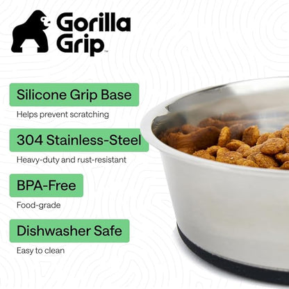 GORILLA GRIP Dog Bowls, Food Grade 304 Stainless Steel, Holds 6 Cups Each (48 fl oz) Food and Water Bowl for Feeding Dogs and Cats, Dishwasher Safe, Rust Resistant, BPA Free Rubber Base Set of 2 Black