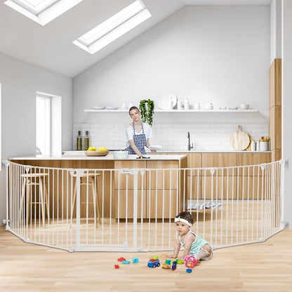 COMOMY 150" Extra Wide Baby Gate with Door, Dog Gates for The House Doorways Fireplace, Auto Close Baby Fence Play Area, Walk Through Pet Gate, Hardware Mounted, 6-Panels (30" Tall, White)