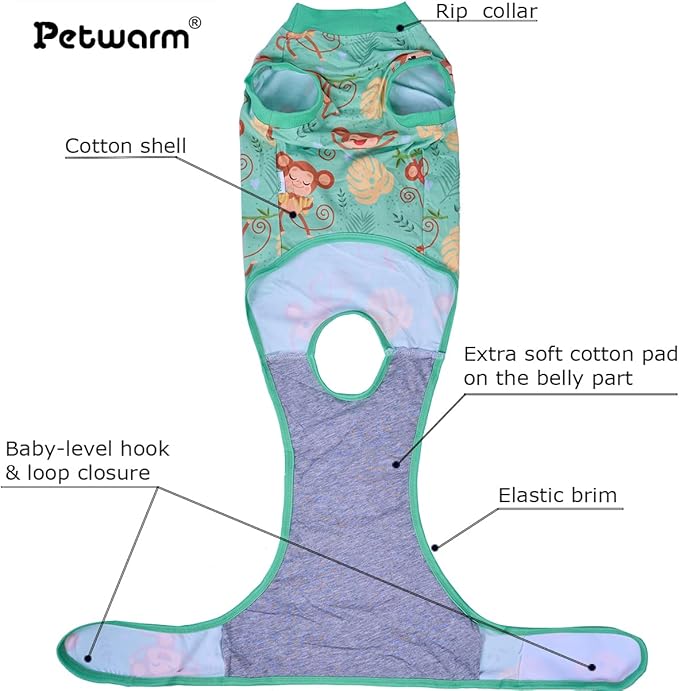 PetWarm Dog Onesie for Surgery Female, Recovery Suit for Dogs After Surgery, Dog Recovery Collars and Cones Alternative, Abdominal Wounds Bandages, Onesies for Dogs, Monkey Pattern, Green, L