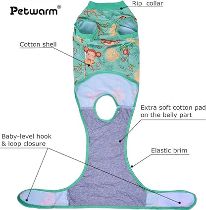 PetWarm Surgery Suit for Dogs Female, Dog Surgery Suit Female Spay, Collars and Cones Alternative Dog Abdominal Wounds Bandages, Onesies for Dogs, Monkey Pattern, Green, XL