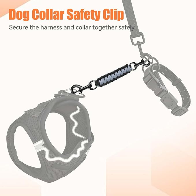 Dog Collar Safety Clip, Collar Companion, Handmade Backup Safety Strap, Double-Ended Clip Leash Connector, Suitable for Dog Harnesses, Prong, Pinch Collars (Black,Silver Gray, 1 Pack)