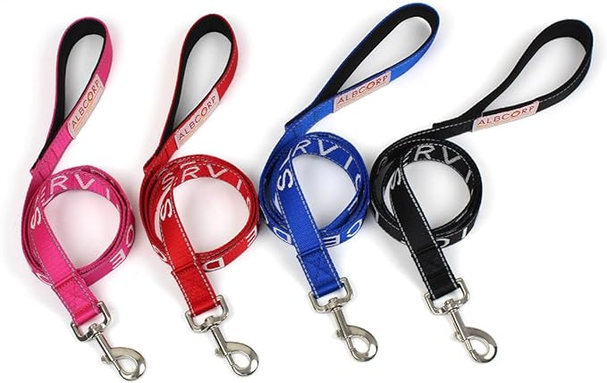 Albcorp Service Dog Leash 4 FT x 1 Inch – Reflective Leash with Embroidered Service Dog Lettering, Heavy-Duty Nylon, Padded Neoprene Handle, Pink.