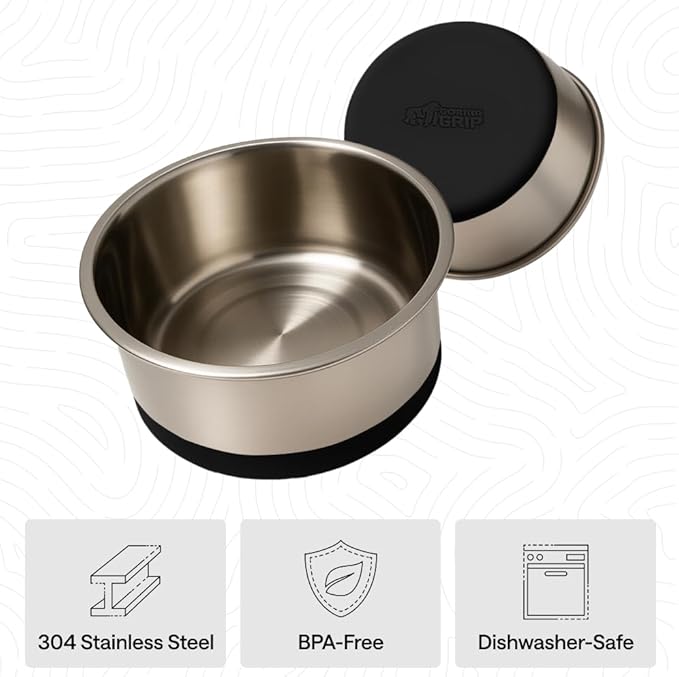 GORILLA GRIP Dog Bowls, Food Grade 304 Stainless Steel, Holds 1 Cup Each (8 fl oz) Food and Water Bowl for Feeding Dogs and Cats, Dishwasher Safe, Rust Resistant, BPA Free Rubber Base Set of 2 Black