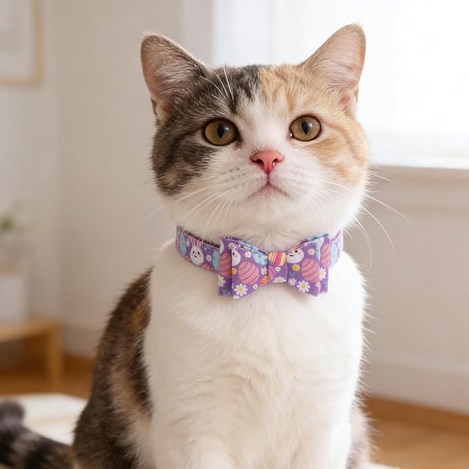 EXPAWLORER Easter Dog Collar and Leash Set - Egg Bunny Pattern Bow Tie & Bandana Embroidery Holiday Pet Collars with Bell, Soft Tangle Free Leash for Dogs Cats Outdoor Walking, Small