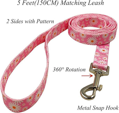 Dog Collar Leash Set, Floral Pattern, Polyester Material, Adjustable Collar and 5ft Matchcing Leash, for Puppy Dogs.(XS, Light Pink Daisy)