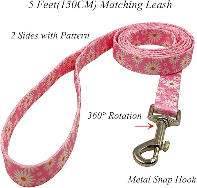 Dog Collar Leash Set, Floral Pattern, Polyester Material, Adjustable Collar and 5ft Matchcing Leash, for Small Dogs.(S, Light Pink Daisy)