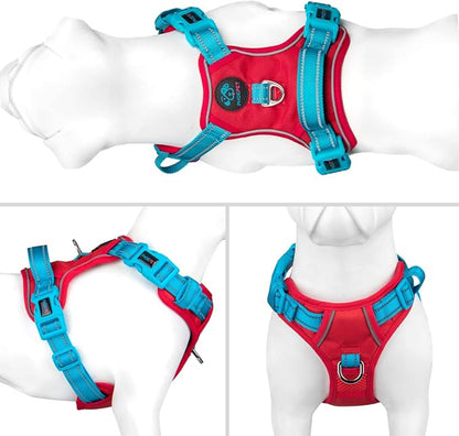 PHOEPET No Pull Dog Harness, Unique Colors Reflective Adjustable Dog Vest, with Soft Training Handle Metal Clips for Small Medium Large Dogs (Red Base & Teal Straps,S)