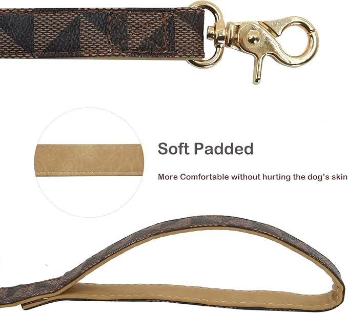 Leather Dog Collar and Leash Set, Check Pattern Dog Collar Leashes Metal Buckle Adjustable Durable for Small Medium Large Dogs (Brown, XL(18-22IN))