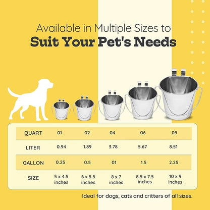 2 quart Stainless Steel Flat Sided Bucket with Dual Hooks | 0.5 gal Durable Food & Water Bowl for Dog Cats Bird & Small Animals | Fits kennel Cage Critter Crate | Hanging Utility Pet Pail
