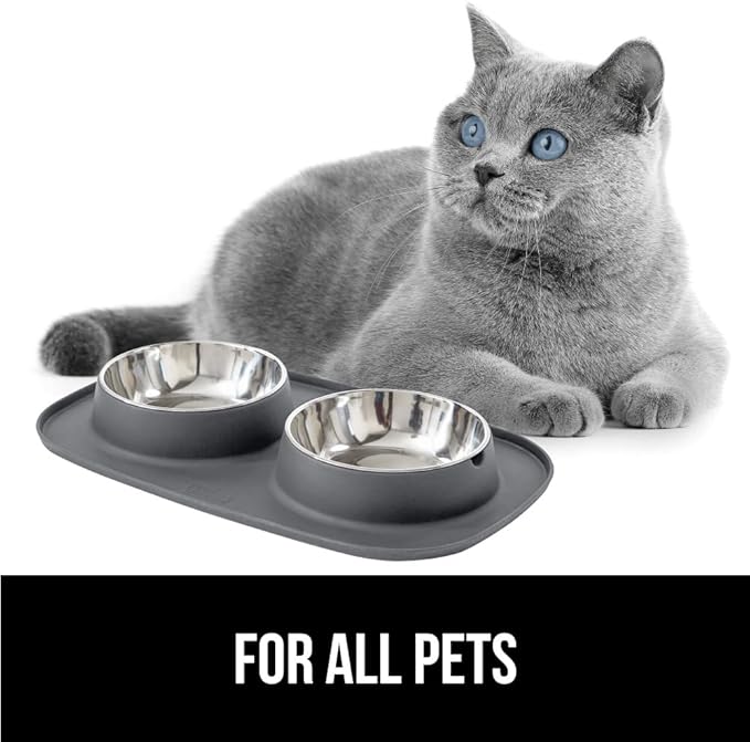 GORILLA GRIP Feeding Mat Bowl Set, 100% Waterproof BPA Free Silicone Base, 304 Stainless Steel Cat and Dog Bowls for Food and Water, Slip Resistant, High Edge, US Designed, Patent Pending, 2 Cup Gray