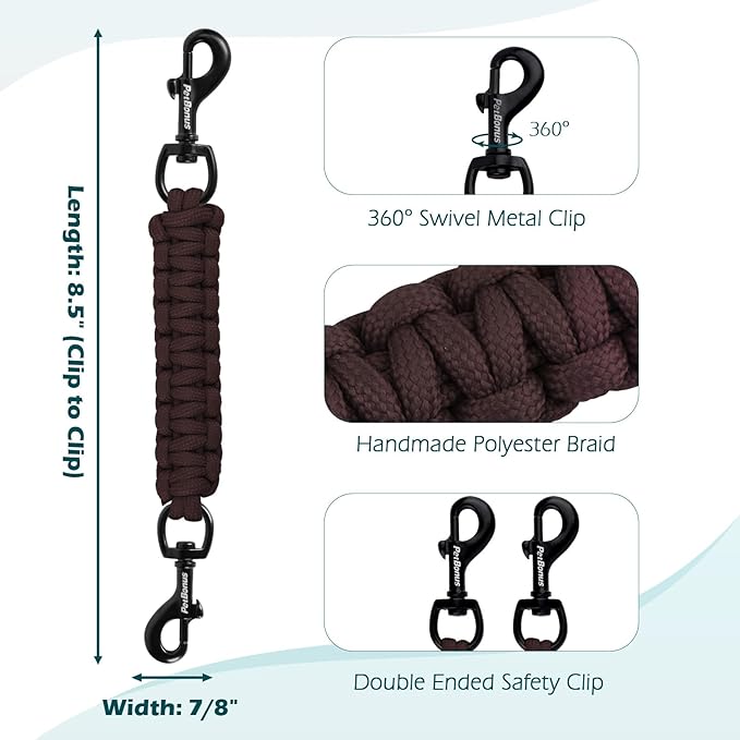 PetBonus Dog Collar Safety Clip, Handmade Backup Safety Strap for Dog Harness, Prong, Pinch Collar, Double Ended Clasp Leash Connector (Brown)