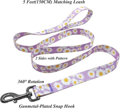 Dog Collar Leash Set, Floral Pattern, Polyester Material, Adjustable Collar and 5ft Matchcing Leash, for Small Dogs.(S, Light Purple Daisy)