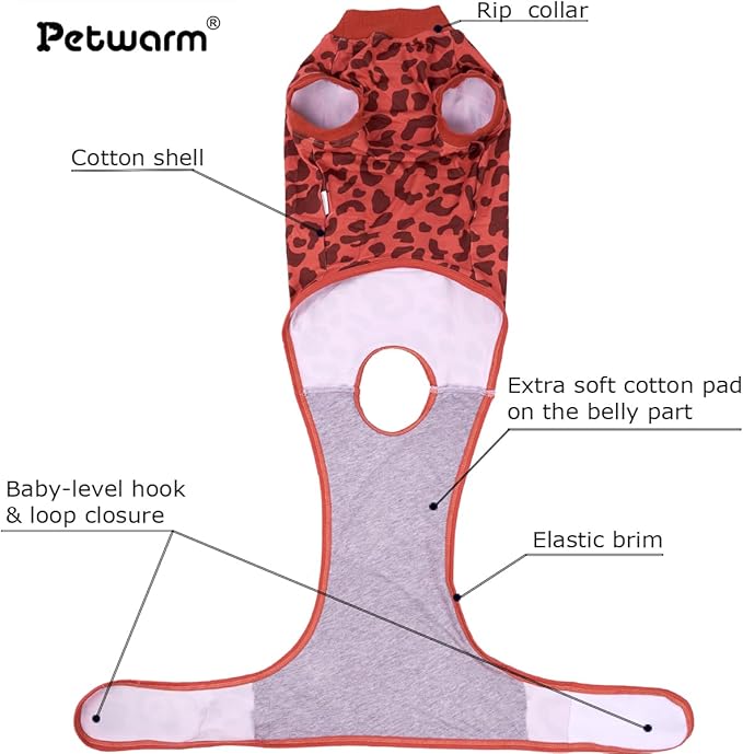 PetWarm Dog Recovery Suit, Surgical Suit for Dogs Female Spay Male Neutered, After Surgery Dog Onesie, Anti-Licking Dog Surgery Recovery Suit, Leopard Pattern, Red, XS