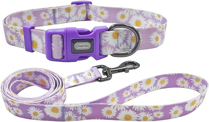 Dog Collar Leash Set, Floral Pattern, Polyester Material, Adjustable Collar and 5ft Matchcing Leash, for Large Dogs.(L, Light Purple Daisy)