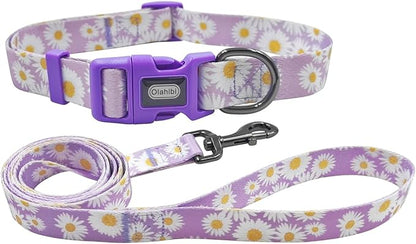 Dog Collar Leash Set, Floral Pattern, Polyester Material, Adjustable Collar and 5ft Matchcing Leash, for Medium Dogs.(M, Light Purple Daisy)