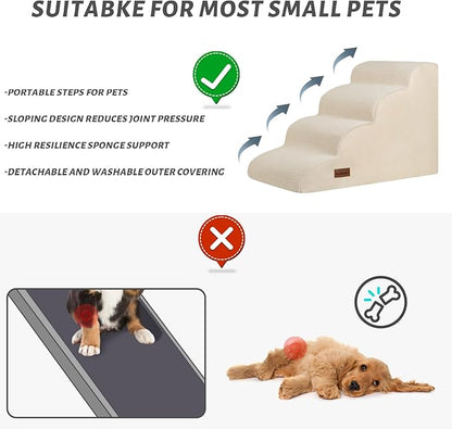 Aodisman 4-Step Dog Stairs and Ramp for Beds or Couches,Non-Slip Sturdy Pet Steps for Small Dogs and Cats,17.4" H,Beige