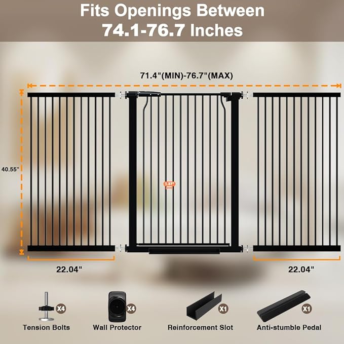 40.55" Walk Through Extra Tall Wide Baby Gates, 74.1"-76.7" Black Pressure Mounted Dog Gates