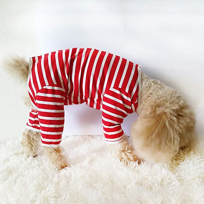 Dog’s Recovery Suit Post Surgery Shirt for Puppy, Full Coverage Dog's Bodysuit Wound Protective Surgical Clothes for Small and Medium Pets (red White Stripe-XXS)