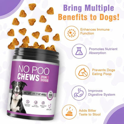 Prevent Stop Dogs from Eating Poop Supplement with Digestive Enzymes&Probiotics-No Poop Eating Deterrent for Dog-200 Chews No Poo Chews-Coprophagia Deterrent for Dogs