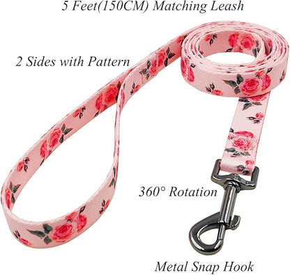 Dog Collar and Leash Set, Cute Rose Pattern, Polyester Material, 5ft Leash, for Small Dogs.(Small,Pink Rose)