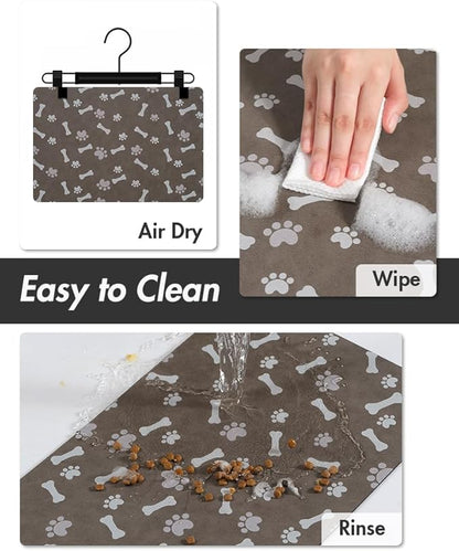 MontVoo Dog Food Mat-Pet Feeding Mat for Food and Water-No Stains Quick Dry Dispenser Cat Bowl Mat for Messy Drinkers(12"X19" Brown)