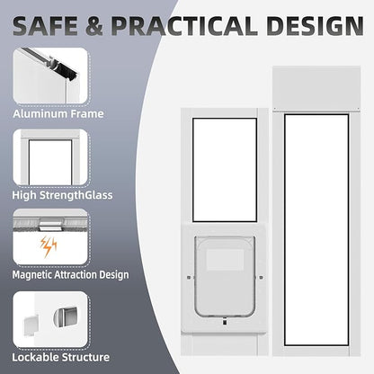 Dog Door for Sliding Glass Door with Magnetic Plastic Flat, Sliding Door Pet Doggie Door Insert with Lock, Adjustable Height No-Cut Required Doggy Door Access Renters, Apartments, Patio (White, L)