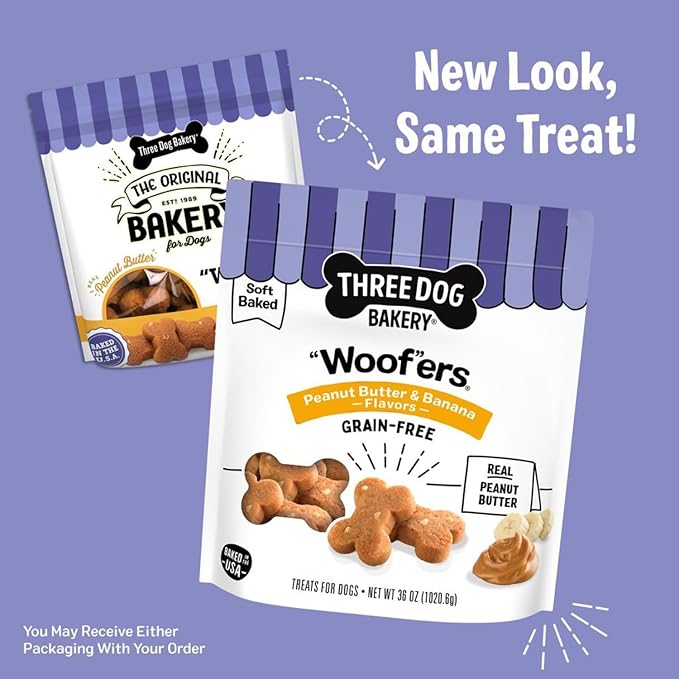 Three Dog Bakery Grain-Free “Woof”ers, Peanut Butter & Banana Flavor – Grain-Free Dog Treat, Cookies for Dog Training Treats, Puppy Treats with Real Ingredients
