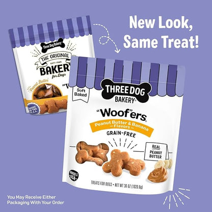 Three Dog Bakery Grain-Free “Woof”ers, Peanut Butter & Banana Flavor – Grain-Free Dog Treat, Cookies for Dog Training Treats, Puppy Treats with Real Ingredients