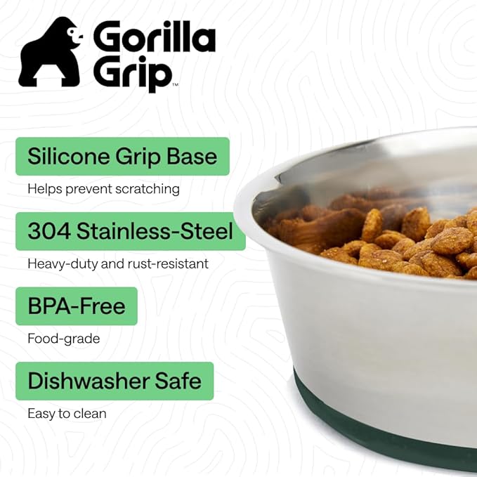 GORILLA GRIP Dog Bowls, Food Grade 304 Stainless Steel, Holds 4 Cups Each (32 fl oz) Food and Water Bowl for Feeding Dogs and Cats, Dishwasher Safe, Rust Resistant, BPA Free Rubber Base Set of 2 Green