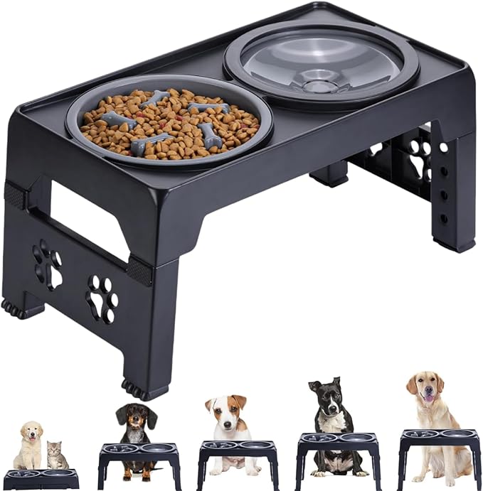 LALOBLUE Elevated Dog Bowls, Raised Dog Bowl with 2 Stainless Steel Dog Food Bowls, Dog Bowls Stand Adjusts to 5 Heights 2.95", 8.46", 9.65", 10.82", 12.01" for Small Medium Large Dogs Cats Pets,Black
