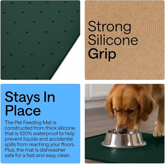GORILLA GRIP 100% Waterproof Raised Edge BPA Free Silicone Pet Feeding Mat, Dog Cat Food Mats Contain Spills Protects Floors, Placemats for Cats and Dogs Water Bowl, Pets Accessories 32x24 Green
