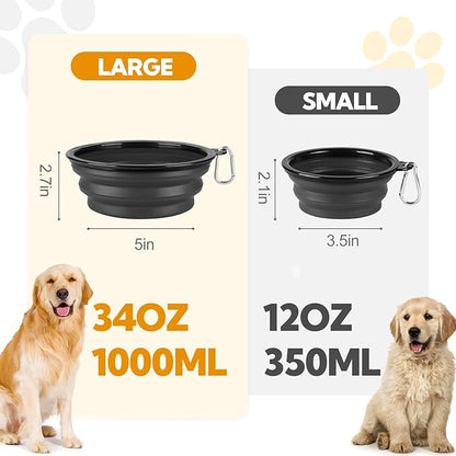 Collapsible Dog Bowl Large 2 Pack, Dog Water Bowls for Travels, Portable Foldable Pet Bowls Feeding Watering Dish for Parking Walking Camping with 2 Carabiners Clip (34oz, Large,Black+Grey)