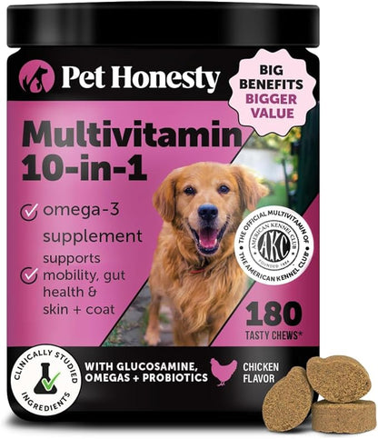 10-in-1 Dog Multivitamin Supplement with Glucosamine & Probiotics - Hip & Joint Support, Digestive Health, Immune Support, Heart & Skin - All-in-One Daily Vitamins & Omega-3s for Dogs (Chicken 180 Ct)