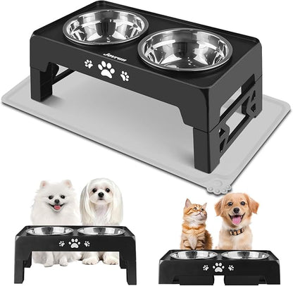Jovrun Elevated Dog Bowls for Small Dogs and Cats with Mat, Non-Slip Cat Bowls with 2 Thick 5.5" Stainless Steel Dishes, Dog Feeder 2 Heights Adjustable to 2.6"-5.3"
