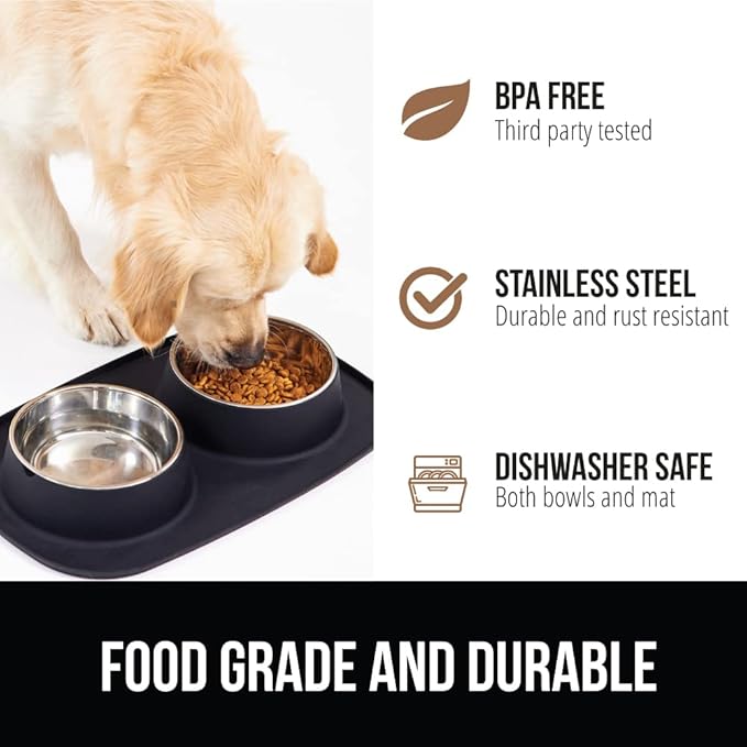 GORILLA GRIP Feeding Mat Bowl Set, 100% Waterproof BPA Free Silicone Base, 304 Stainless Steel Cat and Dog Bowls for Food and Water, Slip Resistant, High Edge, US Designed, Patent Pending, 2 Cup Black