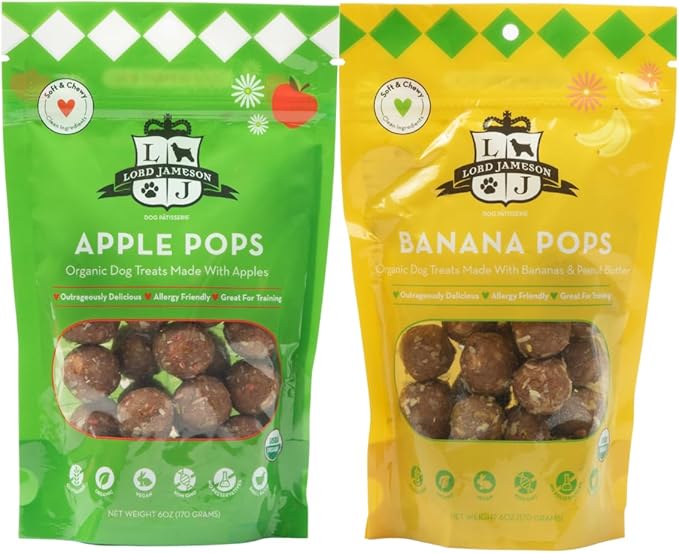 Lord Jameson Apple Pops and Banana Pops Bundle – Soft & Chewy Organic Dog Treats, Allergy Safe Treats for Training, Gluten-Free & Plant-Based, Made in USA