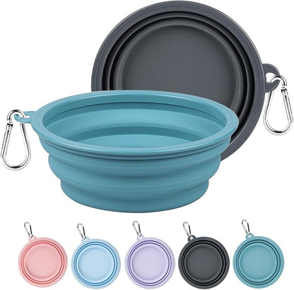 Kytely Collapsible Dog Bowls Medium, 2Pack Foldable Dog Travel Bowl, Portable Pet Water Food Bowl with Clasp, Pet Cat Feeding Cup Dish for Traveling, Walking, Hiking (Blue+Grey)