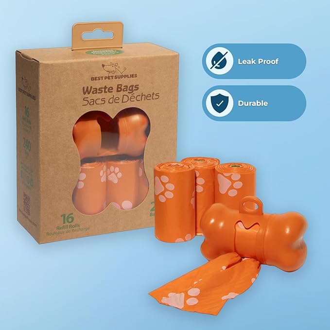 Best Pet Supplies Dog Poop Bags for Waste Refuse Cleanup, Doggy Roll Replacements for Outdoor Puppy Walking and Travel, Leak Proof and Tear Resistant, Thick Plastic - Orange, 240 Bags