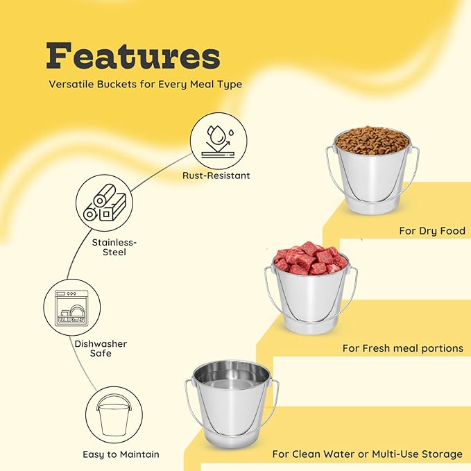 Heavy Duty Stainless Steel Dog Water Bucket with Handle, 1 Quart (0.25 Gallon) Round Pail for Small Dogs Cat Bird & Livestock, Fits Kennel & Farm, Hanging Utility Silver Pet Pails, 4 Pack