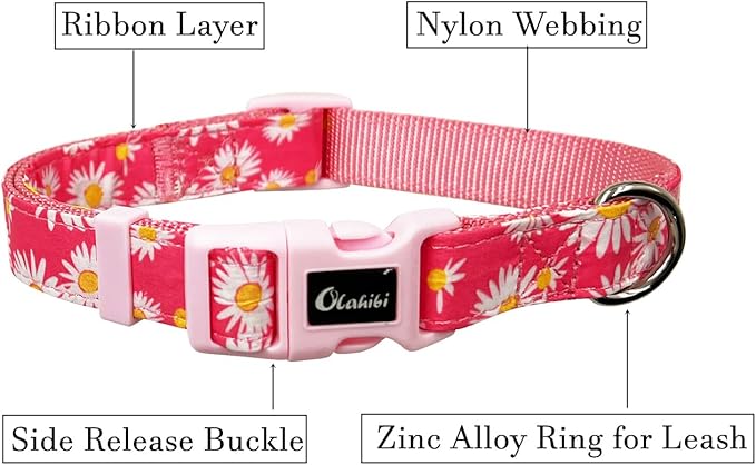 Dog Collar Leash Set, Floral Pattern, Nylon Webbing Plus Cotton Ribbon, 5ft Matching Leash, for Small Dogs.(S, Pink Daisy)
