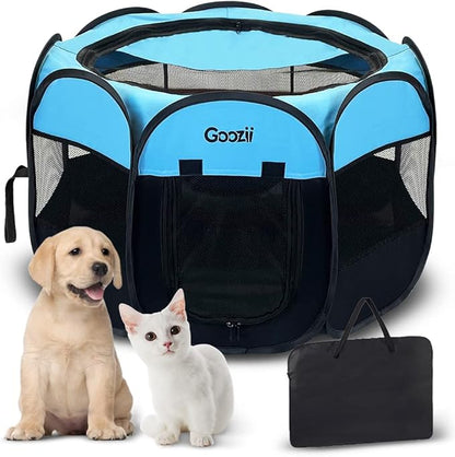 GOOZII Portable Dog Playpen Indoor Outdoor, Collapsible Pet Dog Playpen with Zipper Top Cover, Cat Puppy Bunny Kitten Exercise Play Pen Tent for Beach RV Car (Medium Size,Black Blue)