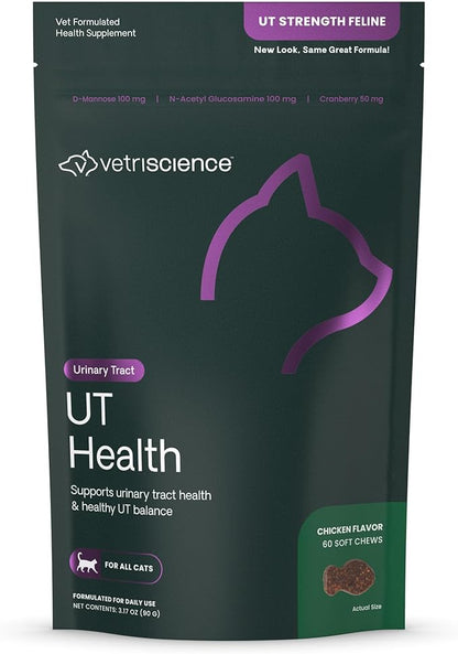 VetriScience UT Health Chews, UT Strength Cranberry and D-Mannose Bladder & Urinary Tract Supplement for Cats, With Bromelain and Probiotics, Chicken, 60 Count