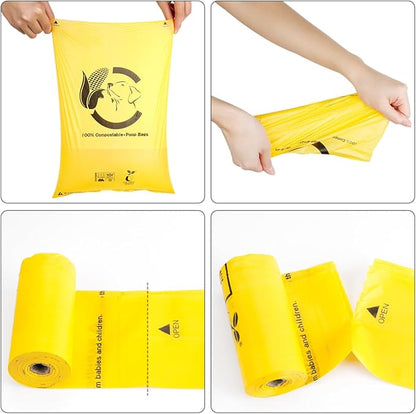 Certified Compostable Dog Poop Bags, 270 Count Landfill Friendly and Leakproof Waste Bags, Easy Open Unscented Maize Yellow Poop Bag for Dog, 15 Doggy Bags Per Roll (18 rolls)