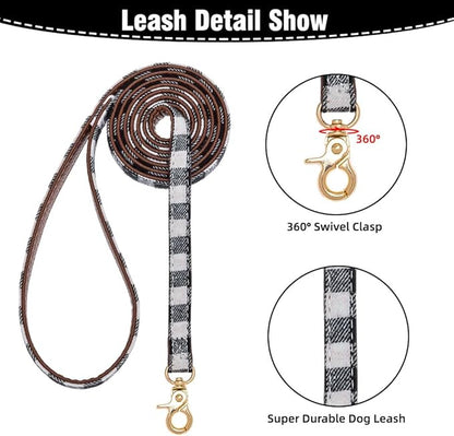EXPAWLORER Dog Collar and Leash Set - Classic Plaid Dog Bow Tie and Dog Bandana Collar with Bell, Dog Leash Tangle Free, Adjustable Collars for Small Medium Large Dogs Cats, Holiday Ideal Gift