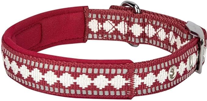 Blueberry Pet Reflective Jacquard Dog Collar with Neoprene Padding & Metal Buckle | Soft & Adjustable Safety Collar - Marsala Red, Neck 13-16.5", for Medium Breed