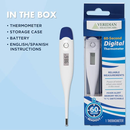 Veridian Healthcare Digital Thermometer | 60-Second Readout | Fever Alert + Memory Recall| Clinical Rigid Tip | Hygienic Water-Resistant Easy Cleaning | Storage Case + Probe Covers Included