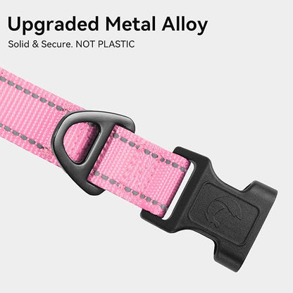 Joytale Reflective Dog Collar, Soft Neoprene Padded, Metal D-Ring, Nylon Pet Collar Adjustable for Large Dogs, Pink, L