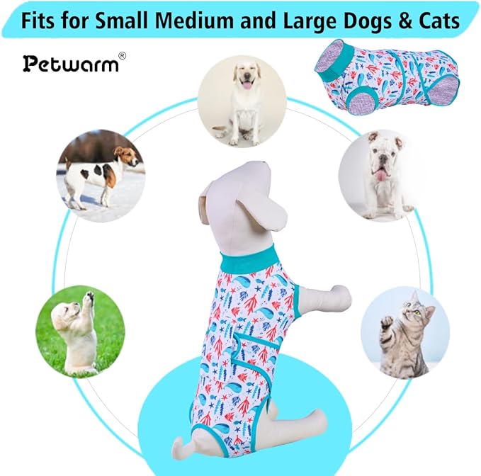 PetWarm Surgery Shirts for Dogs, Recovery Suit for Dogs After Surgery, Recovery Shirt for Dog Abdominal Wounds Bandages Cone E-Collar Alternative, Underwater World Pattern, Blue, L
