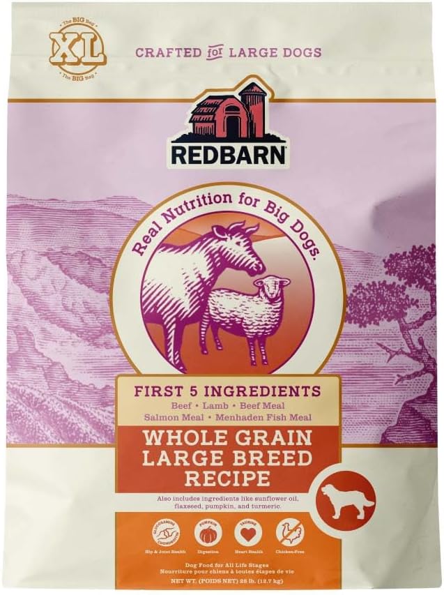 Redbarn Whole Grain Large Breed Dog Food Kibble - Beef & Lamb Recipe - Made in USA No Chicken Recipe with Functional Ingredients to Support Healthy Heart, Joints, Digestion, Skin & Coat - 28lb